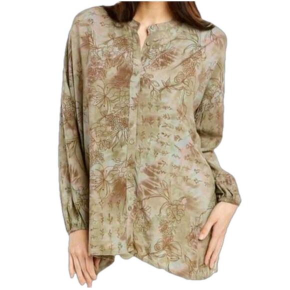 Johnny Was Oversized Puff-sleeve Shirt full button sage brown flowy SZ XS - Picture 7 of 7